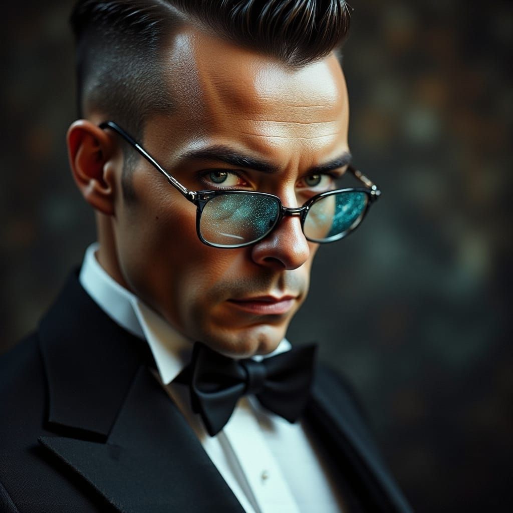 Regal Figure in Tuxedo with Intense Gaze