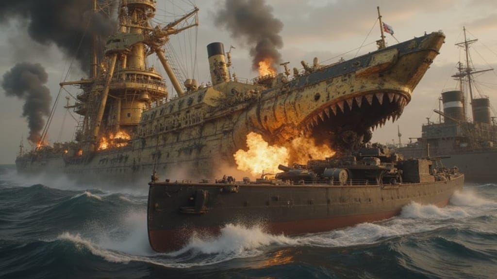 Steampunk Battleship Rams Enemy in Stormy Seas