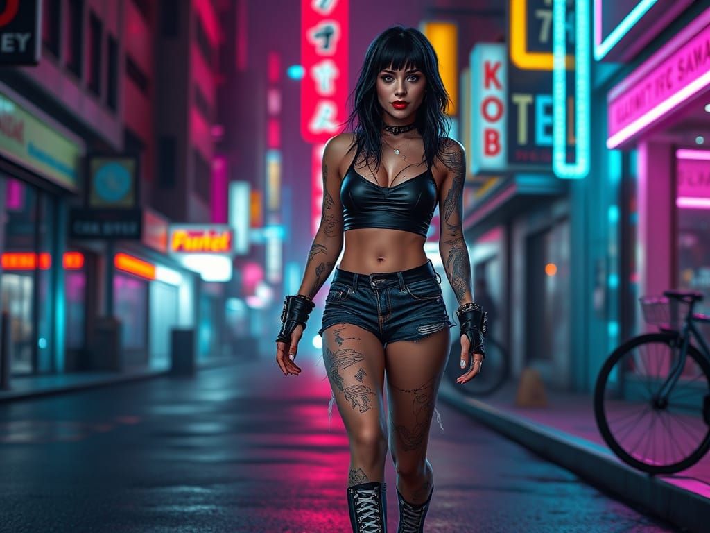 Cyberpunk Goth Woman in Neon Cityscape