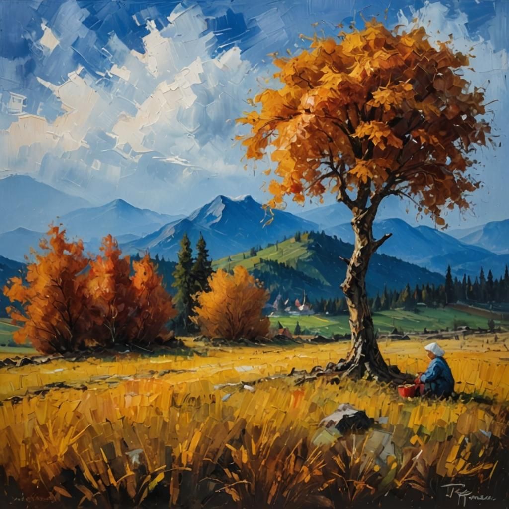 Impasto Autumn Landscape in Earthy Tones with Dramatic Shado...