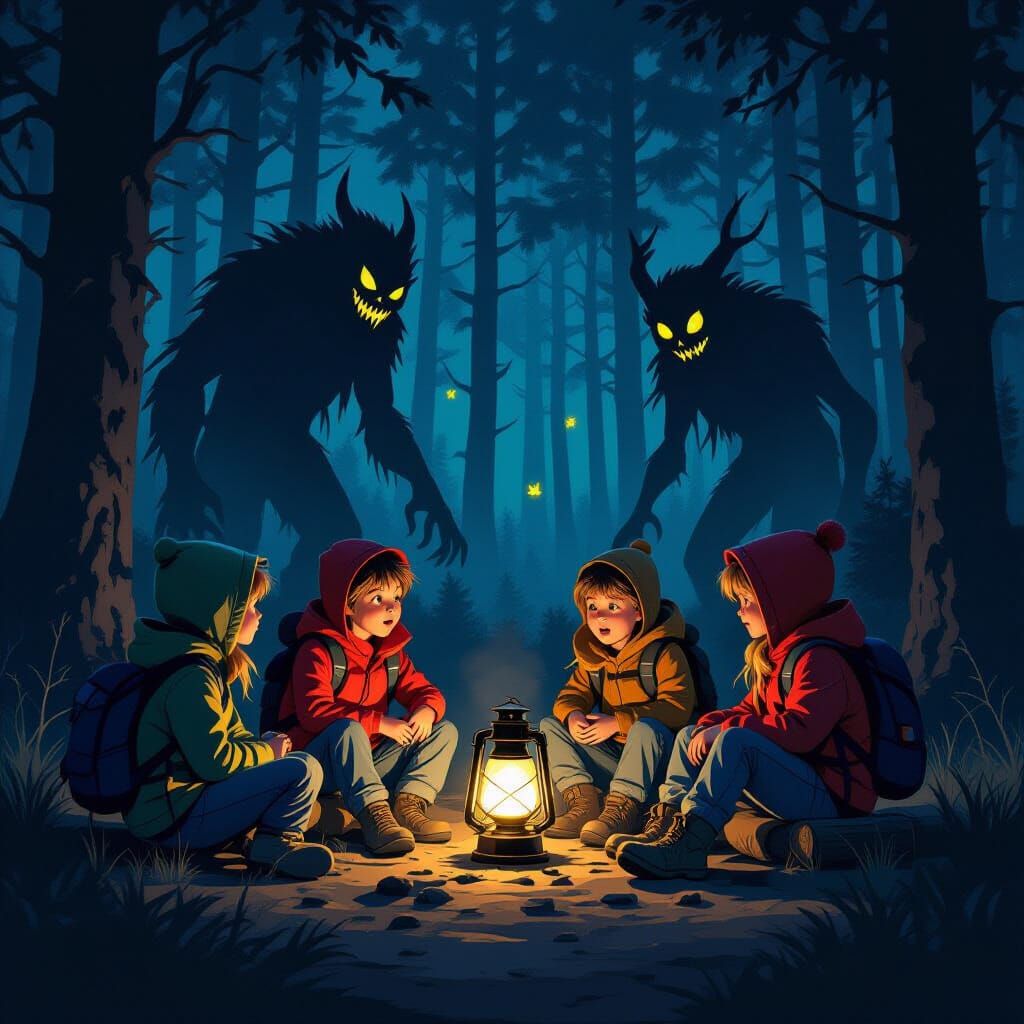 Eerie Forest Campfire Tales in Atmospheric Style