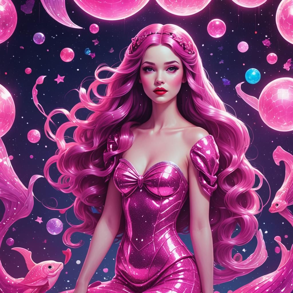 Galactic Pink Mermaid in Neon Hues