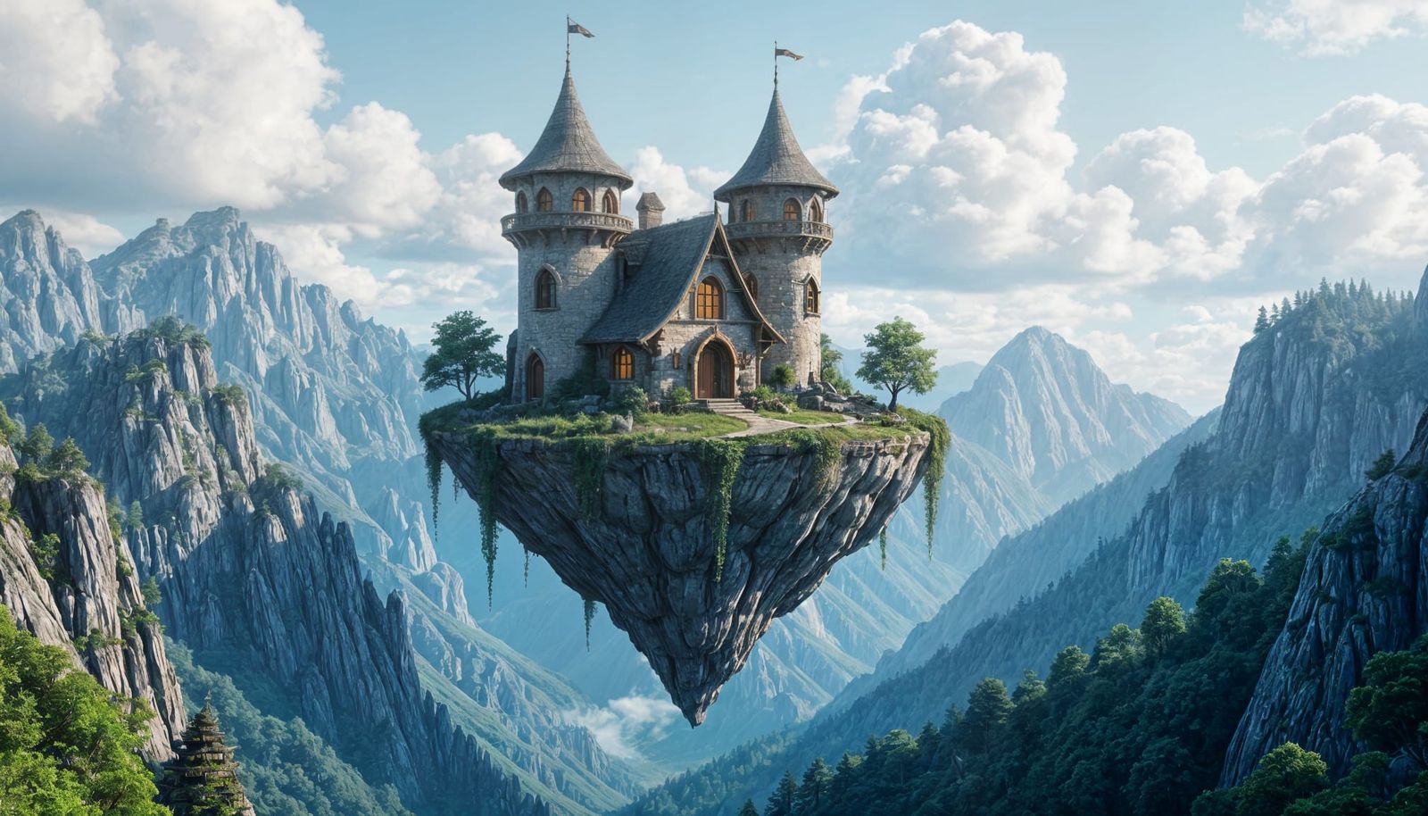 Elven Cottage on Floating Island in Deep Color Fantasy Art