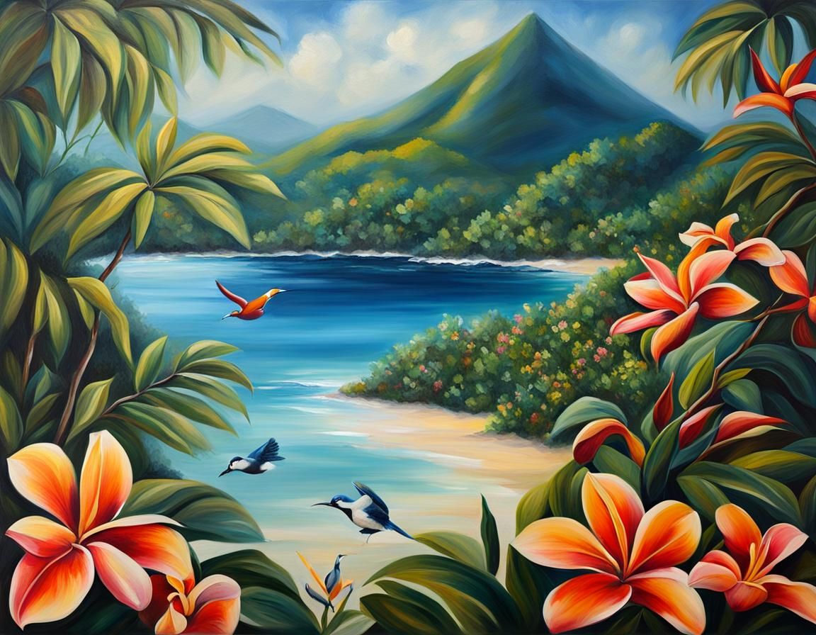 Tropical Oasis in Vibrant Acrylic Style