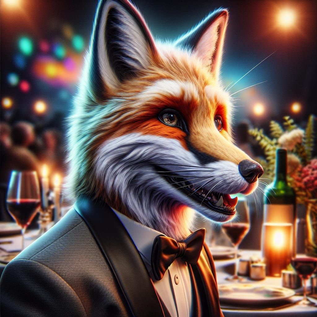 Stylish Fox in Tuxedo at Dinner Party