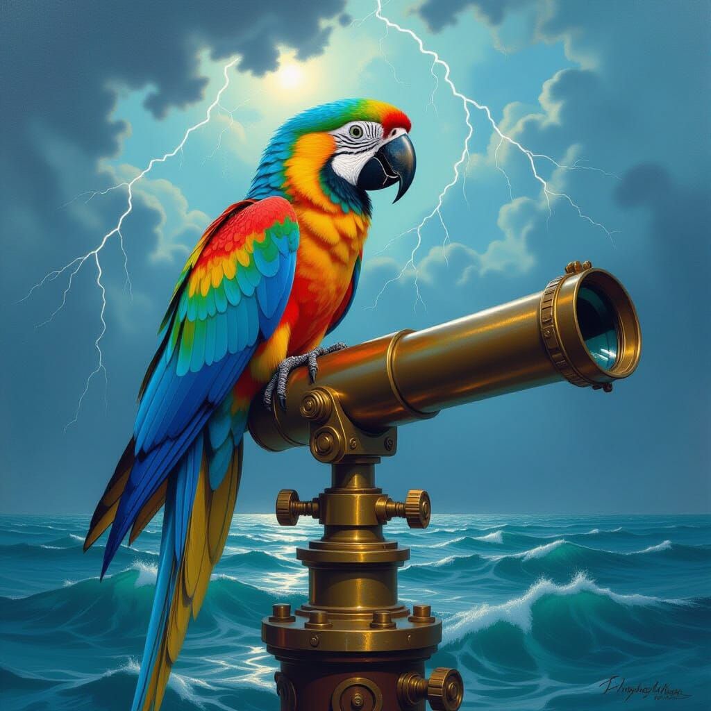 Iridescent Parrot on Spyglass Overlooking Stormy Sea