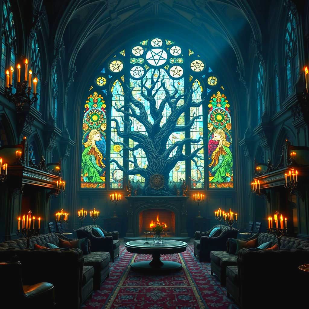 Gothic Lounge with Stained Glass Tree in Moonlight