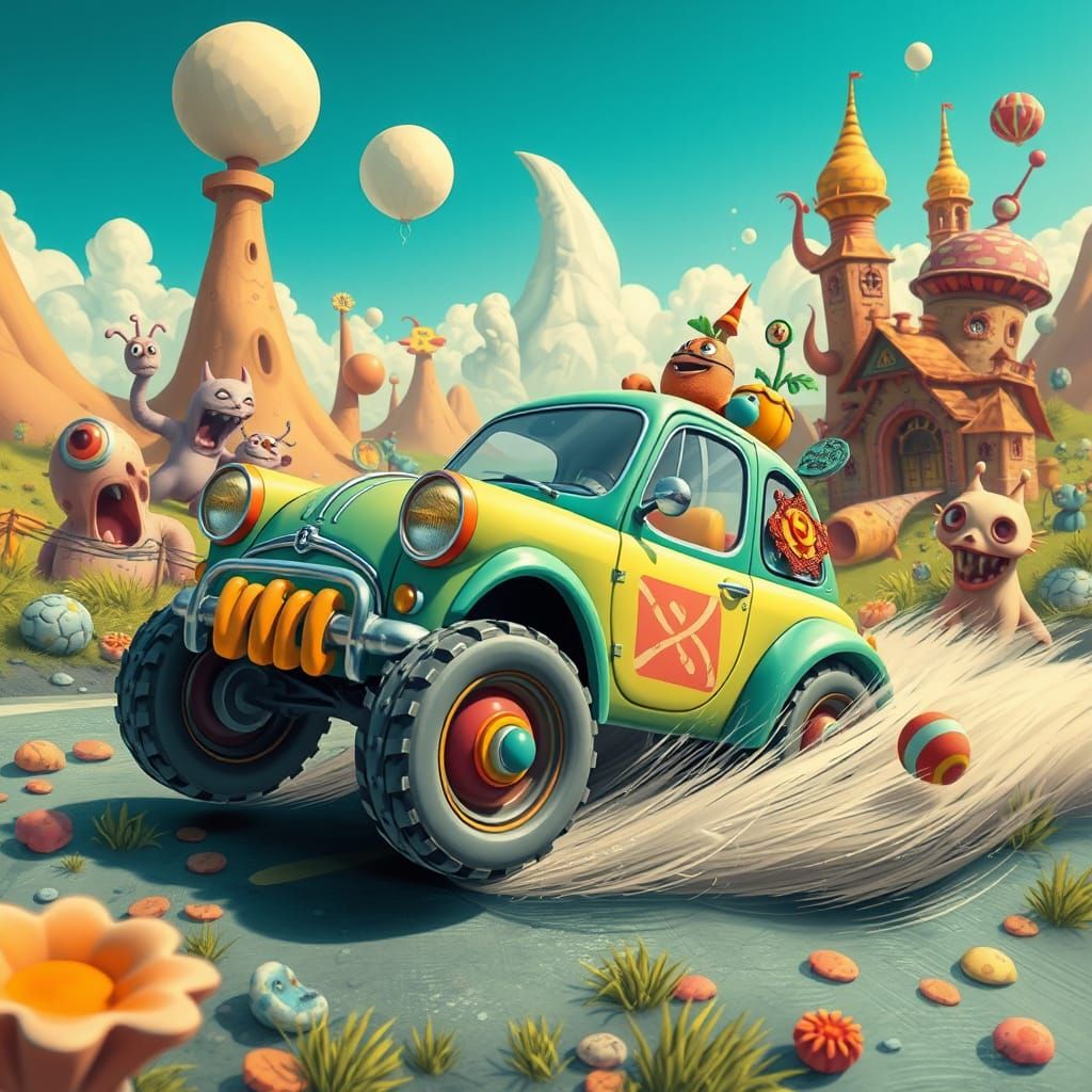 Cartoon Car in Whimsical Landscape, Animation Style