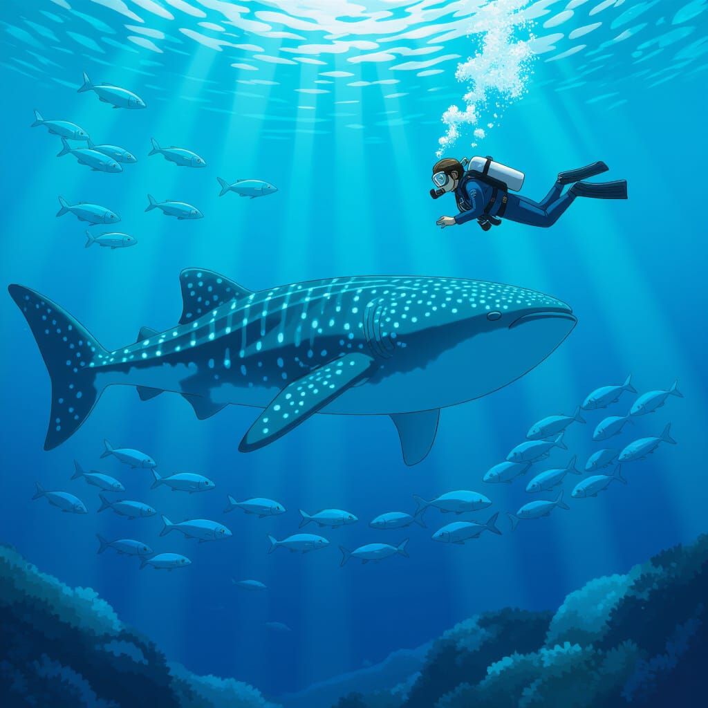 Gentle Whale Shark in Vibrant Aquarium, Studio Ghibli Style