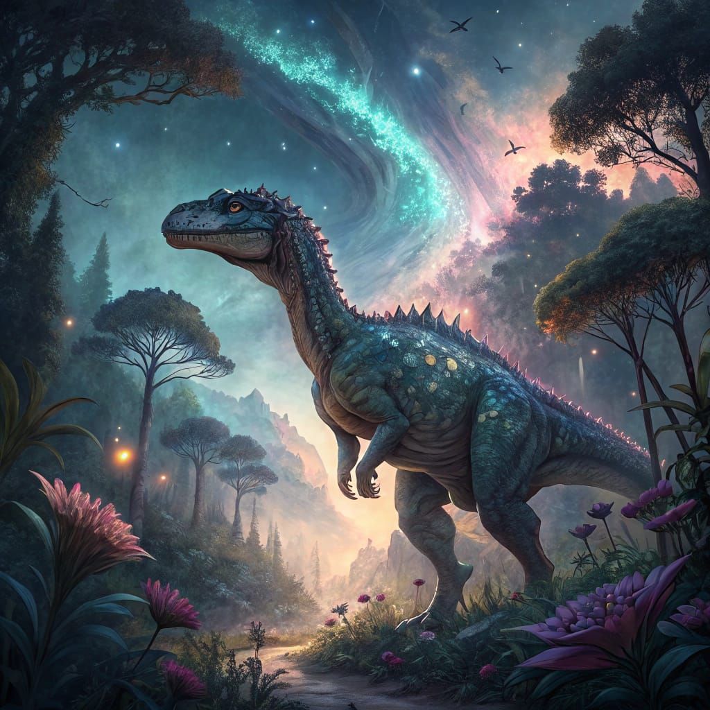 Bioluminescent Dinosaur in Alien Jungle
