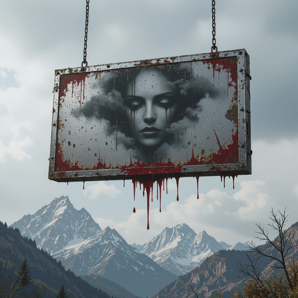 Face stuck in a bloody sign