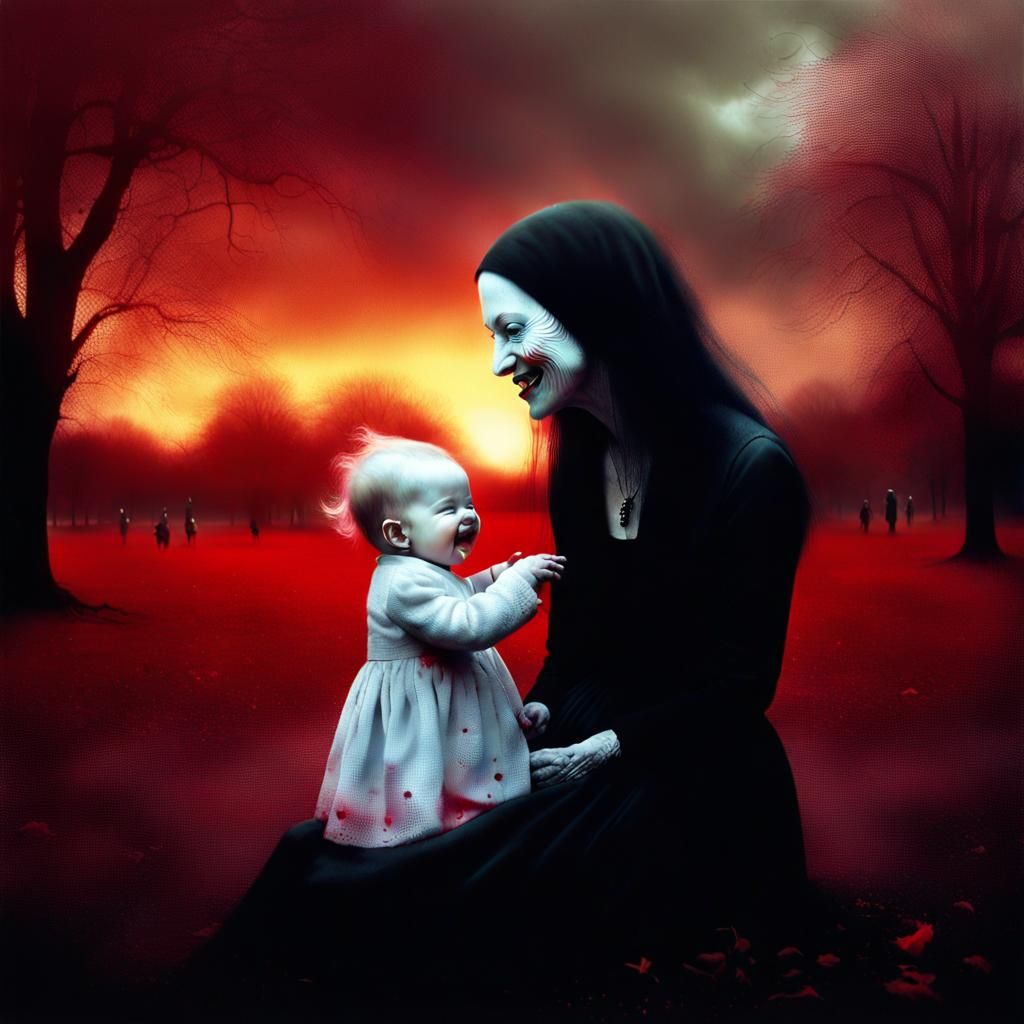 Surrealist Mother and Baby in Sunset Landscape