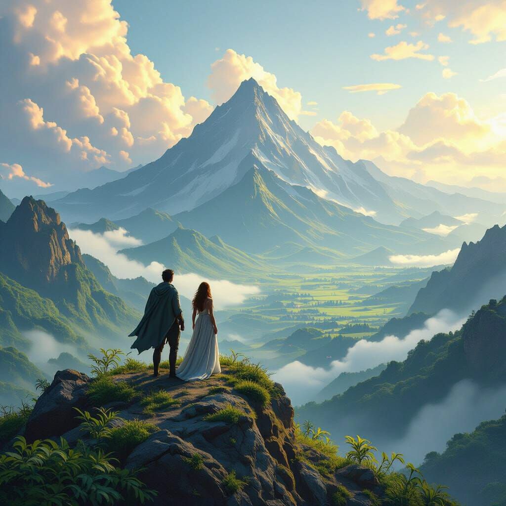 Hikers Admire Lush Green Landscape from Mountain Peak