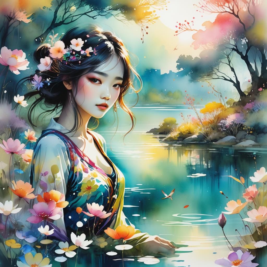 Dreamy Lake Glade at Sunrise with Vibrant Hues and Magical S...