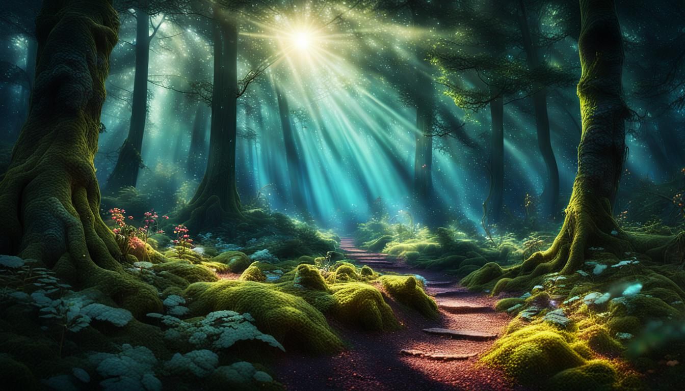 Whispering Enchanted Woodland Scene in Vibrant Colours