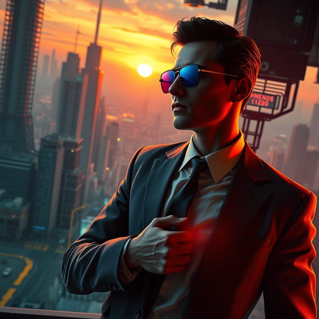 Futuristic Spy Standing in a Dystopian Cityscape at Sunset