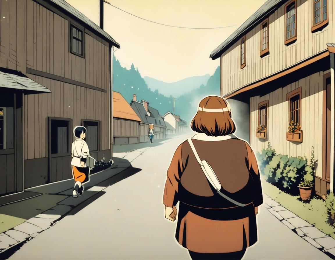 Chubby Woman Walks Majestic Saint Bernard in Idyllic Town, A...