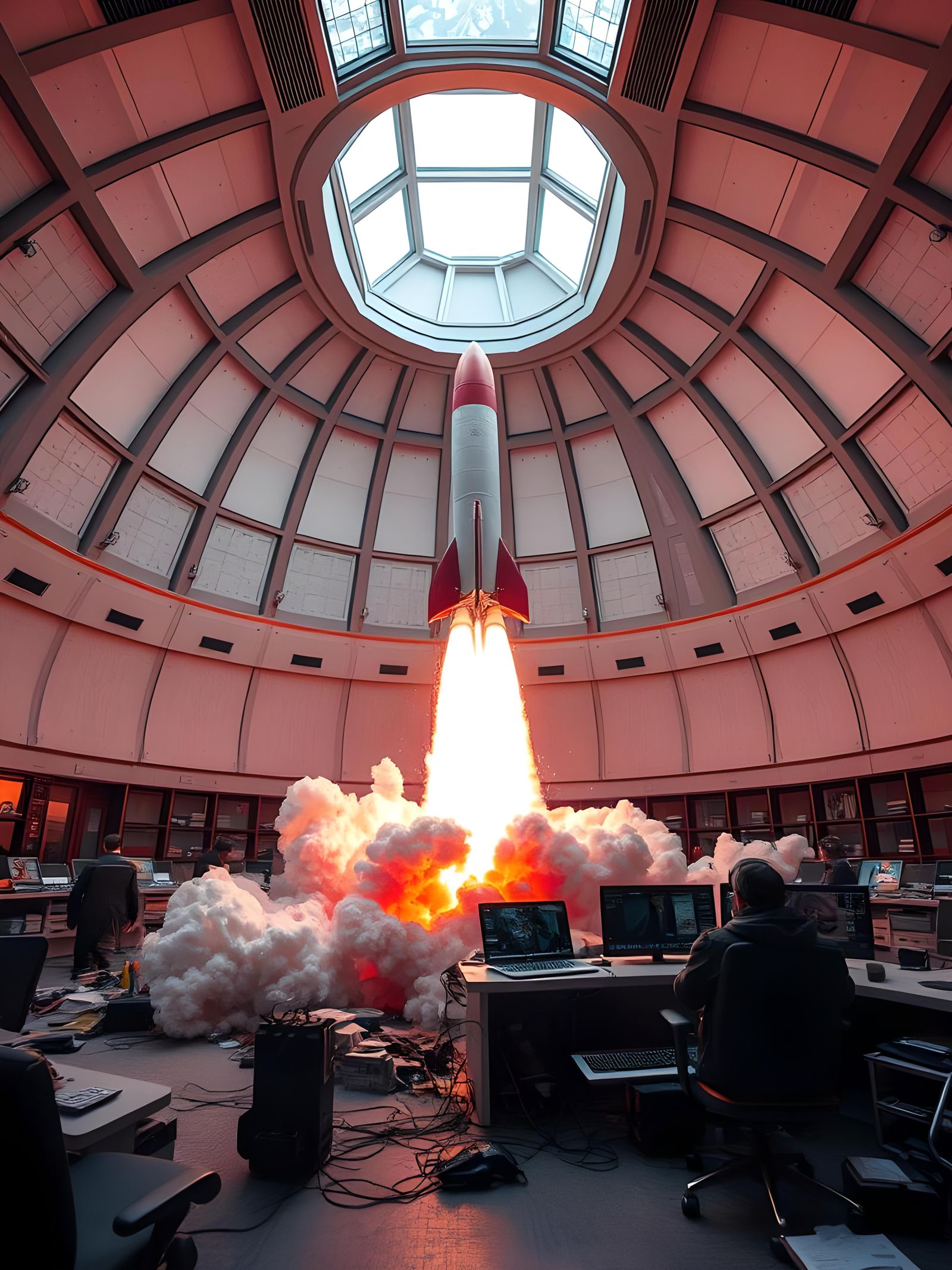 Explosive Rocket Launch Control Room in Chaos