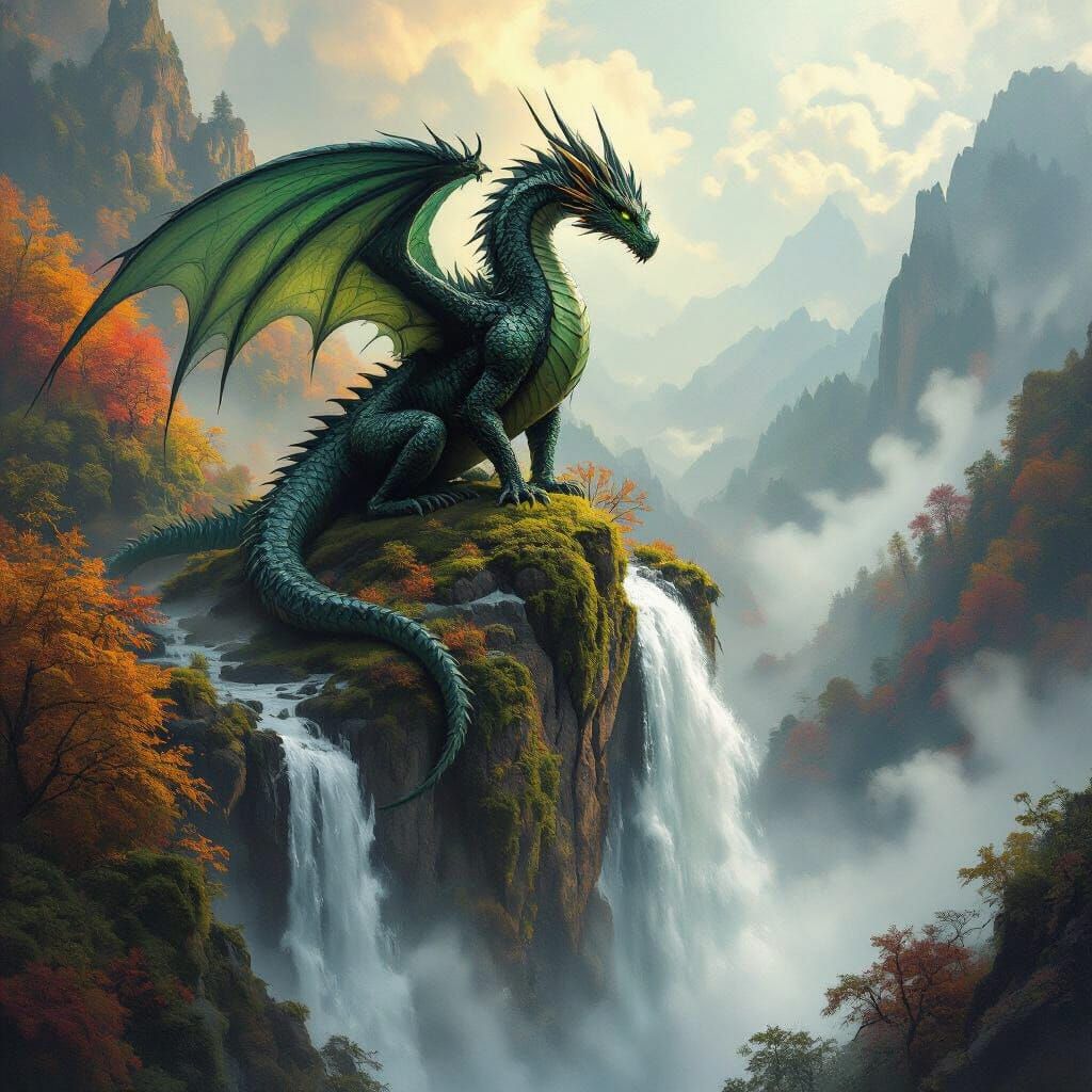 Ancient Dragon on Cliff Overlooking Waterfall in Autumn Fore...
