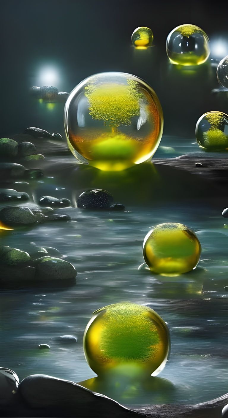 Angels Trapped in Fiery Glass Bubbles above a Rocky Waterfal...