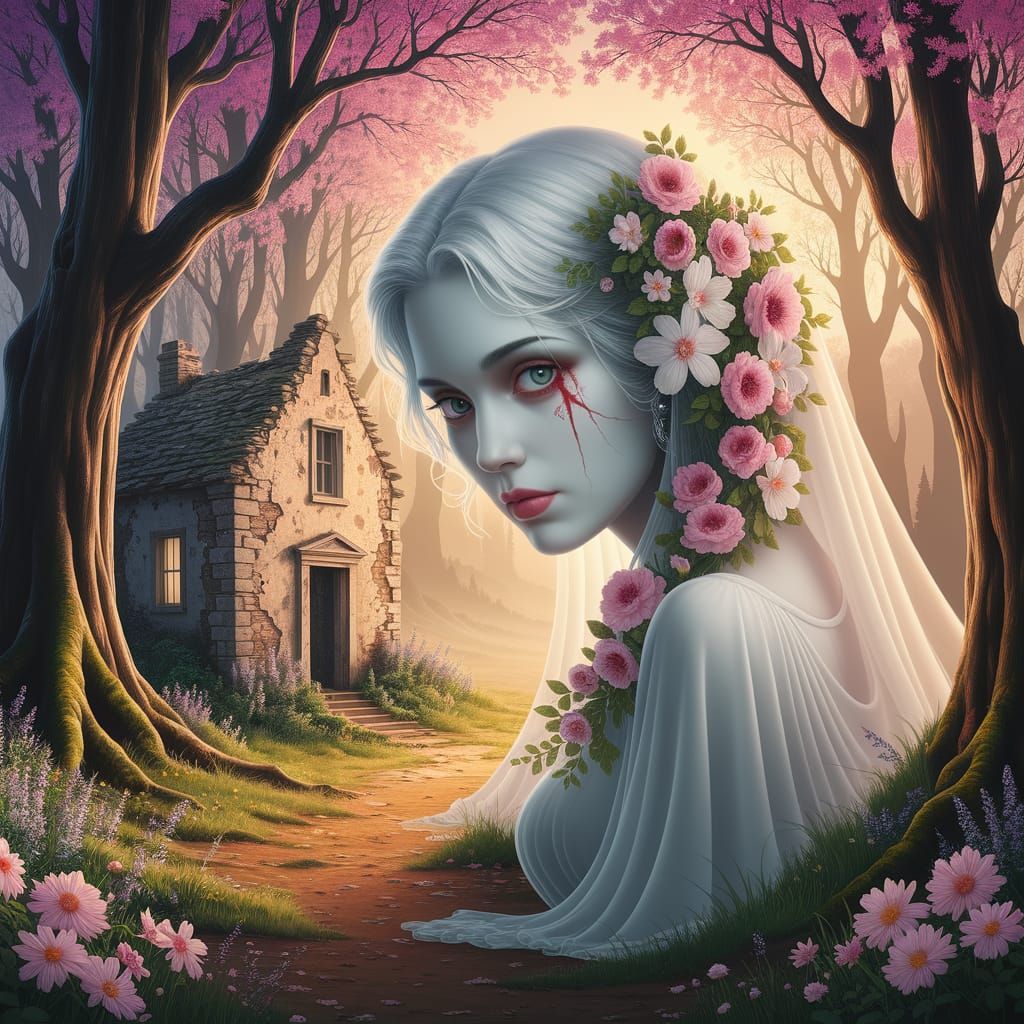 Ethereal Ghost Woman Amidst Ancient Trees and Flowers