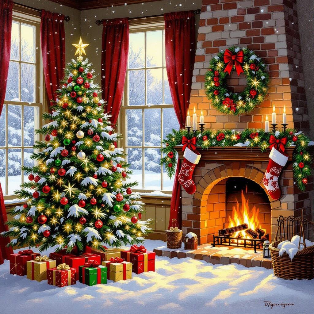 Warm Christmas Scene With Tree and Fireplace in Oil Painting...