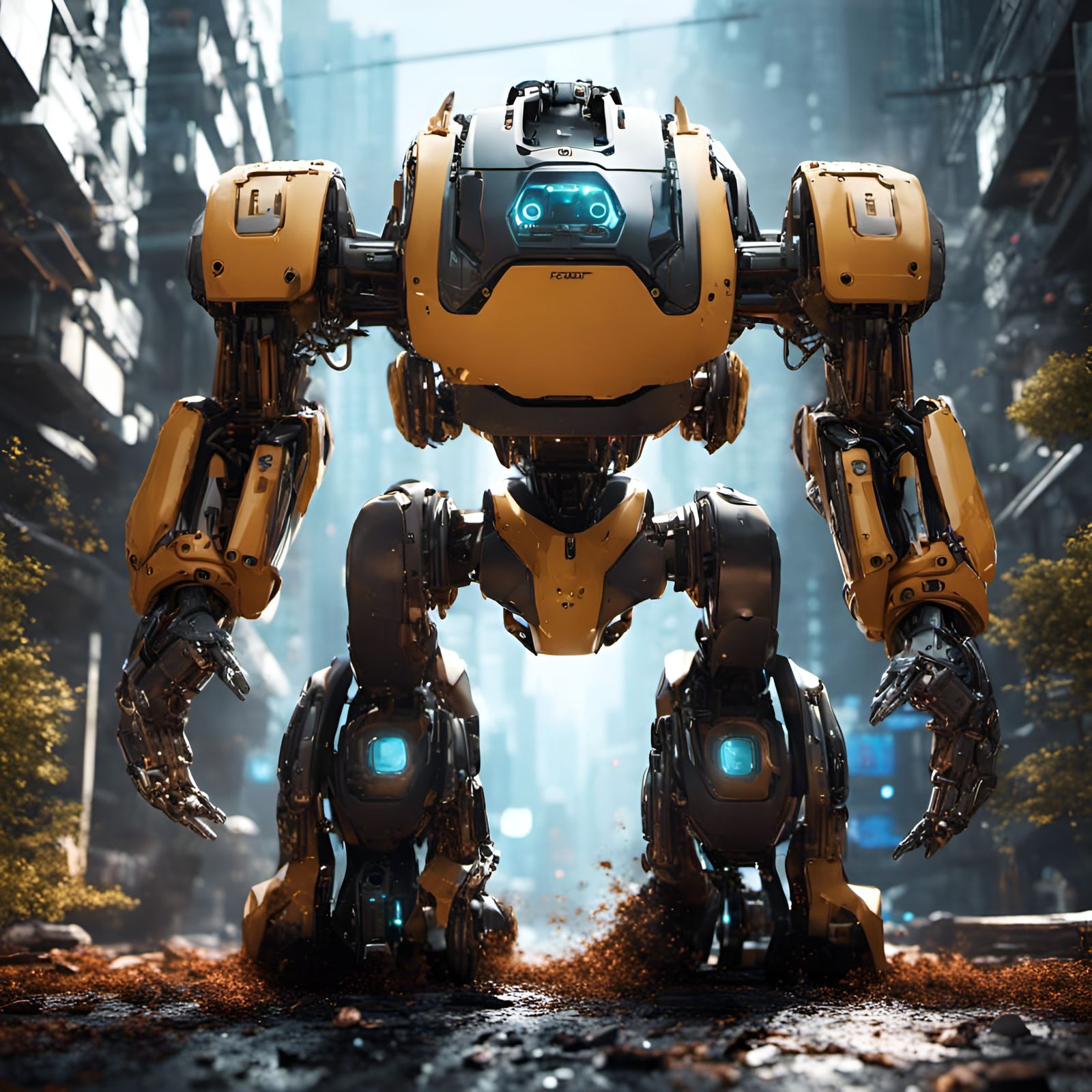 Cybernetic Metal Giant Dominates Futuristic Cityscape