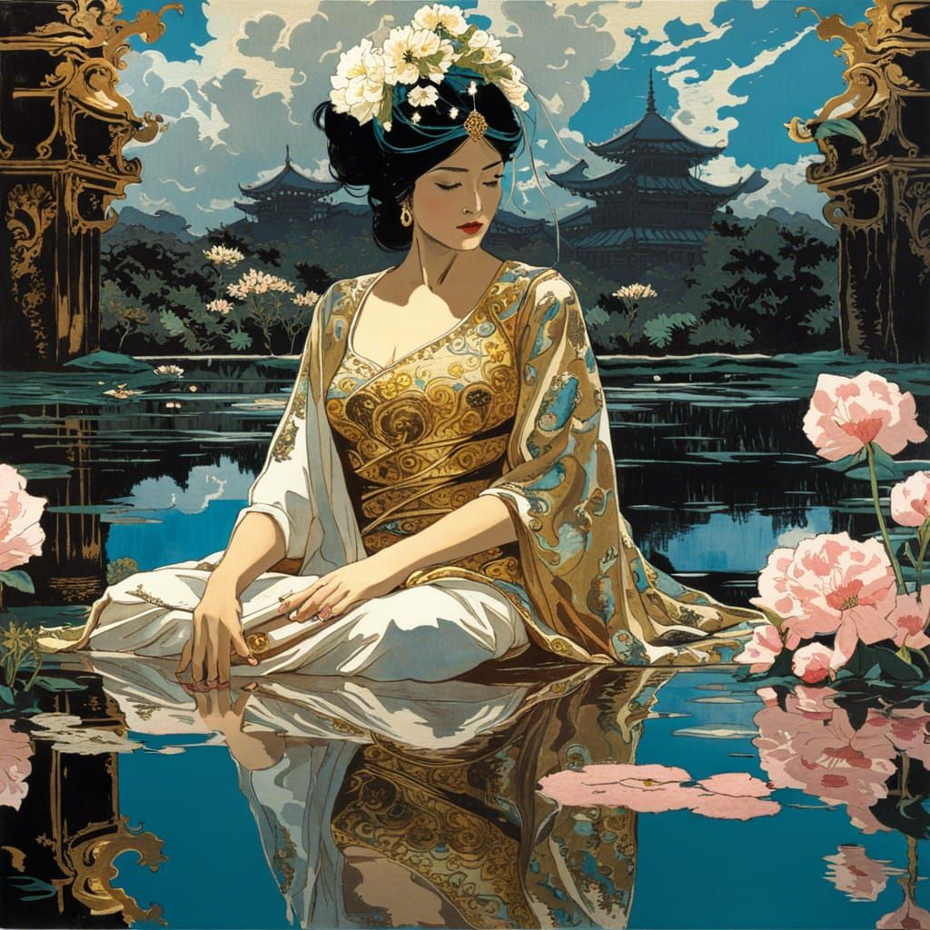 Ethereal Persian Princess Gazing into a Serene Floral Oasis