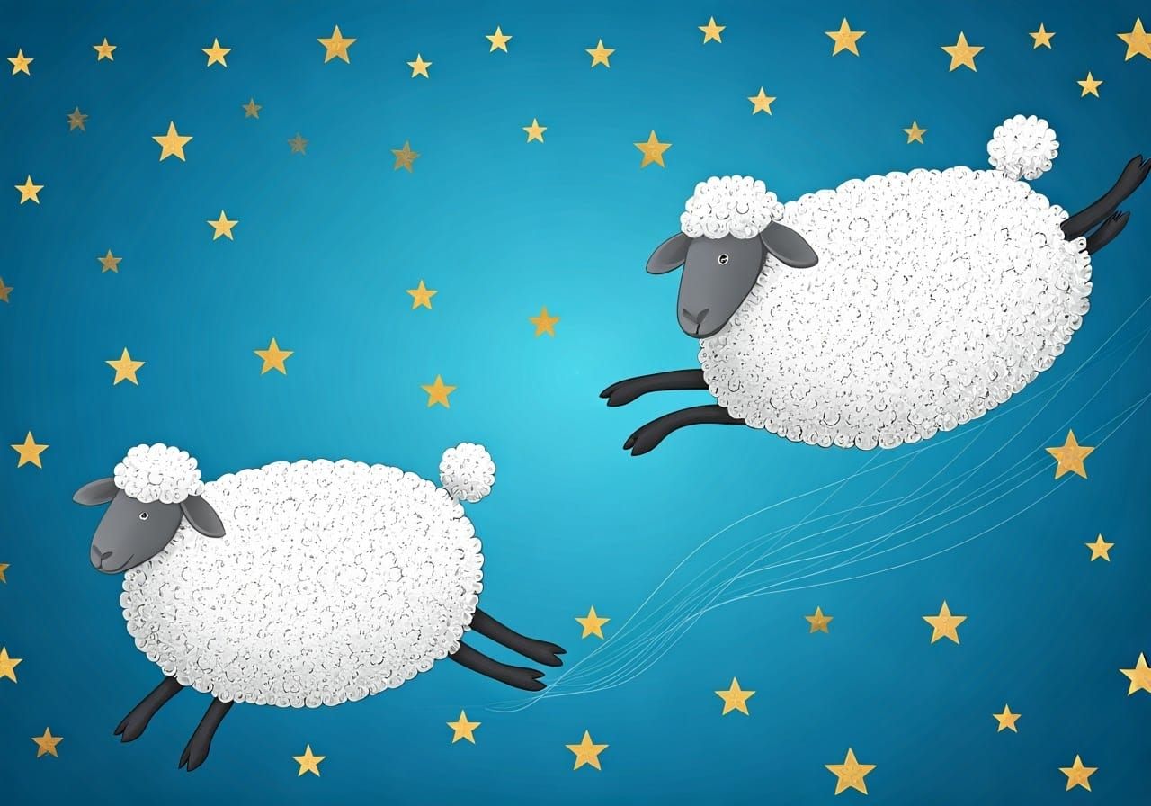 Whimsical White Sheep Dancing in Azure Dream Sky