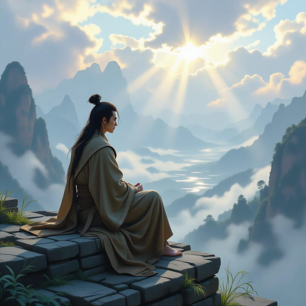 Contemplative Figure on Ancient Ruin as Oil Painting