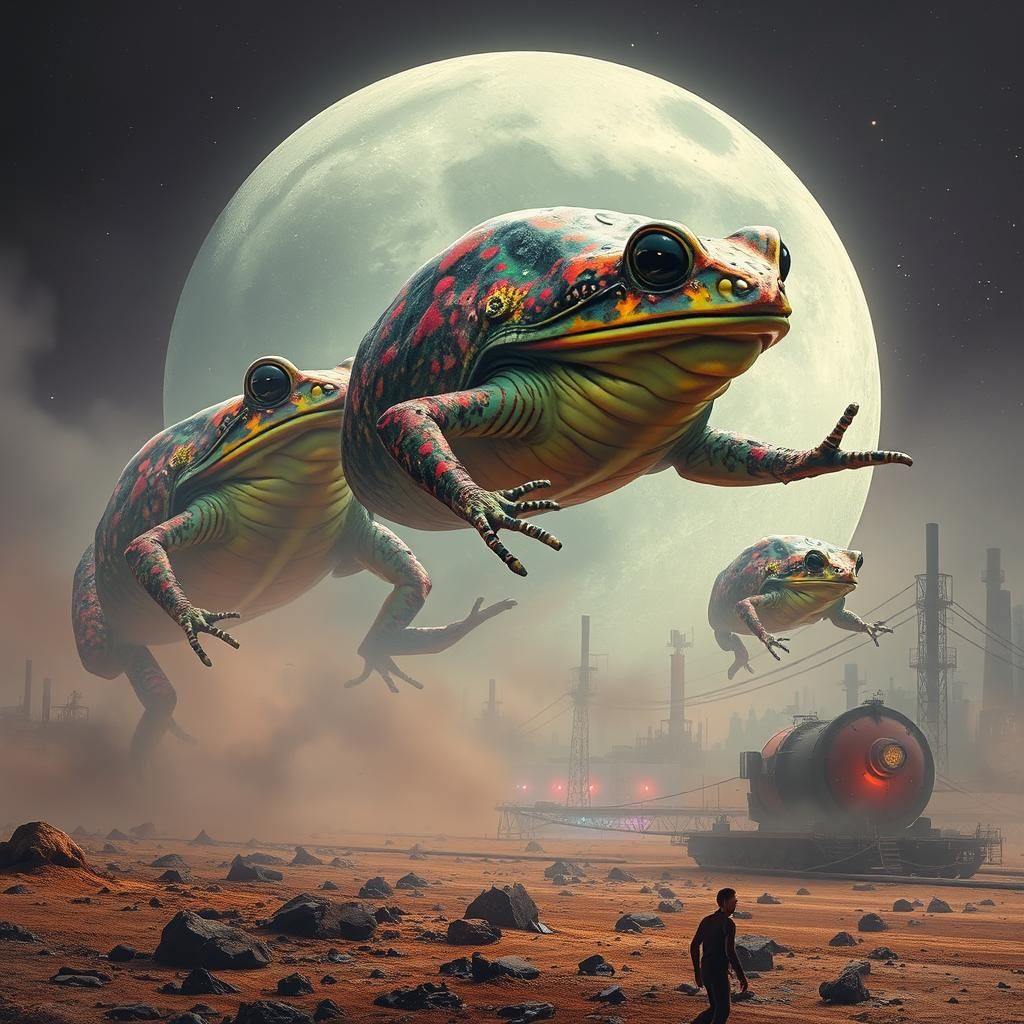 Surreal Toad Gods Leap Across Futuristic Wasteland in Dystop...