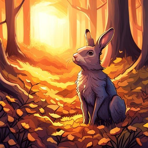 Cute Rabbit in Autumn Meadow, Comic Book Art