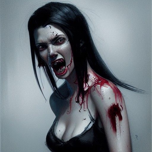 Woman Emerges from Darkness with Bared Fangs in Foreboding P...