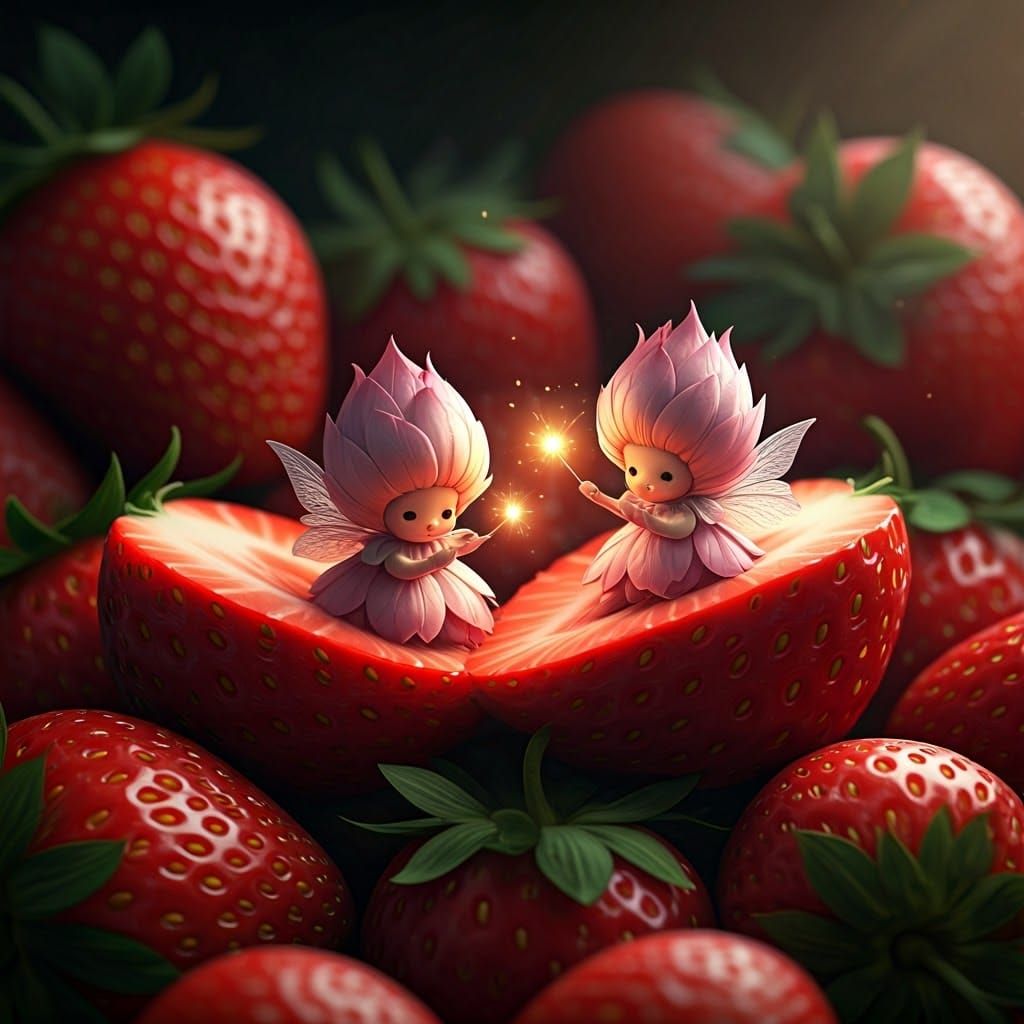 Pink Fairy-Tale Creatures in Strawberries: Surreal Digital A...