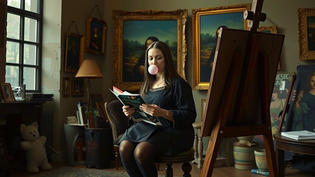 Mona Lisa Blows Bubble Gum in Modern Art Studio