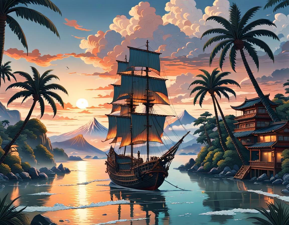 Stunning Sunset Island Paradise in Ukiyo-e Art Style