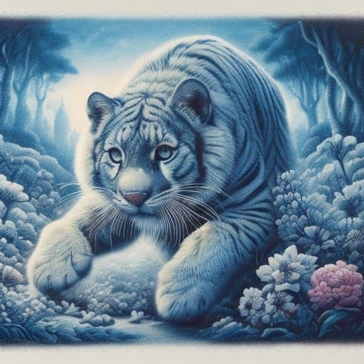 Two Kittens in a Floral Garden, Oil Painting Style