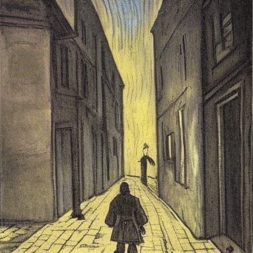 Lonely Man Haunted by Death on a Dark Mericelus Street