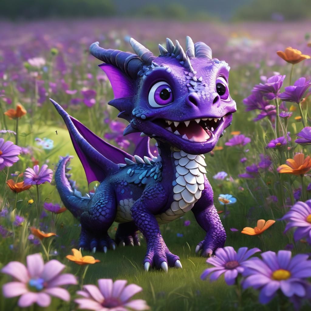 Cartoon-Style Baby Dragon Chases Butterflies in Vibrant Wild...