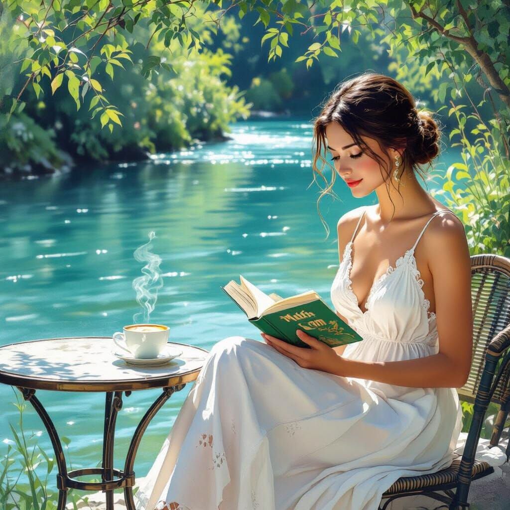 Italian Woman Reading by River in Art Nouveau Style