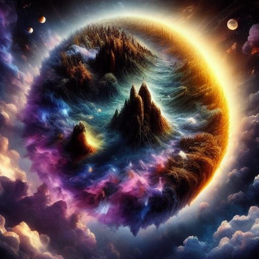 Celestial Event Over Mountains in Oil Painting Style