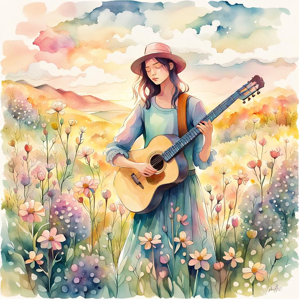 Whimsical Young Woman Enchants with Guitar in a Lush Meadow