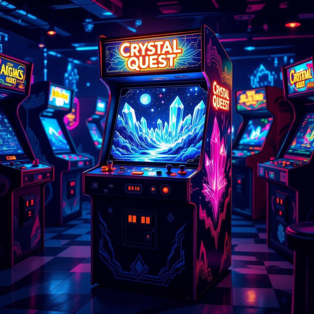 Vintage Crystal Quest Arcade Cabinet in Retro Glow