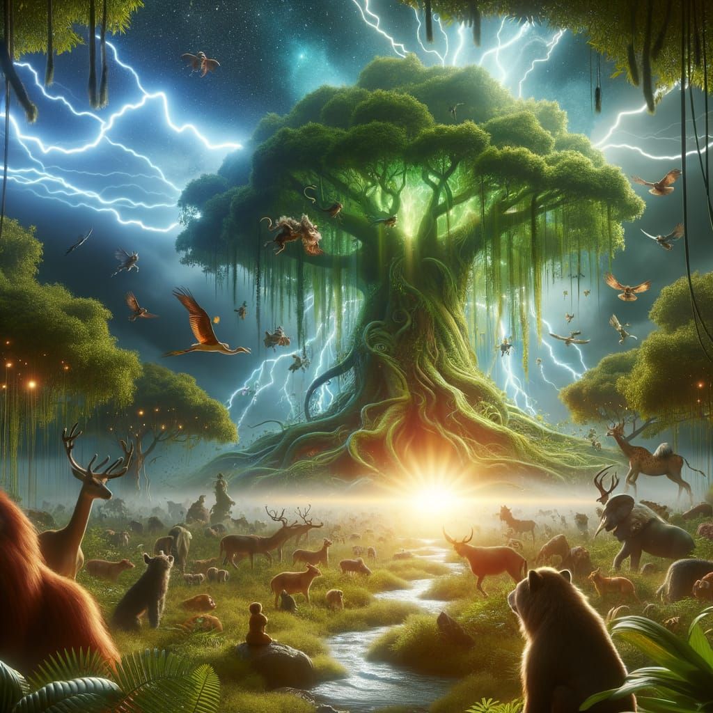 Dramatic Jungle Storm Scene in Vibrant Colors