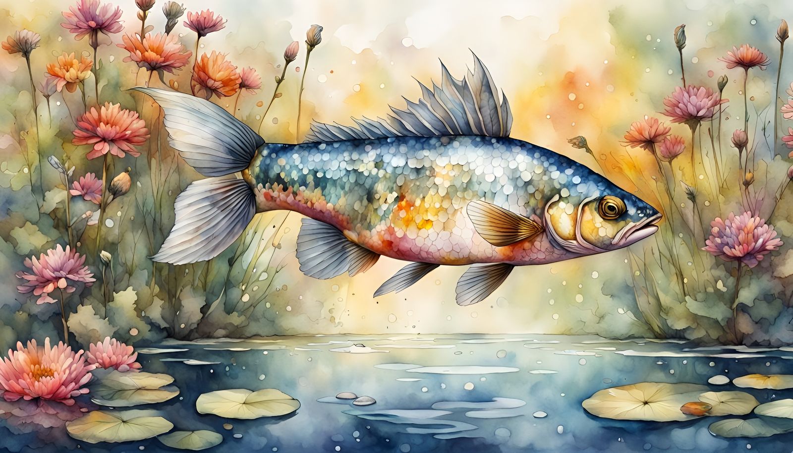 Realistic Jumping Fish Surrounded by Vibrant Wildflowers