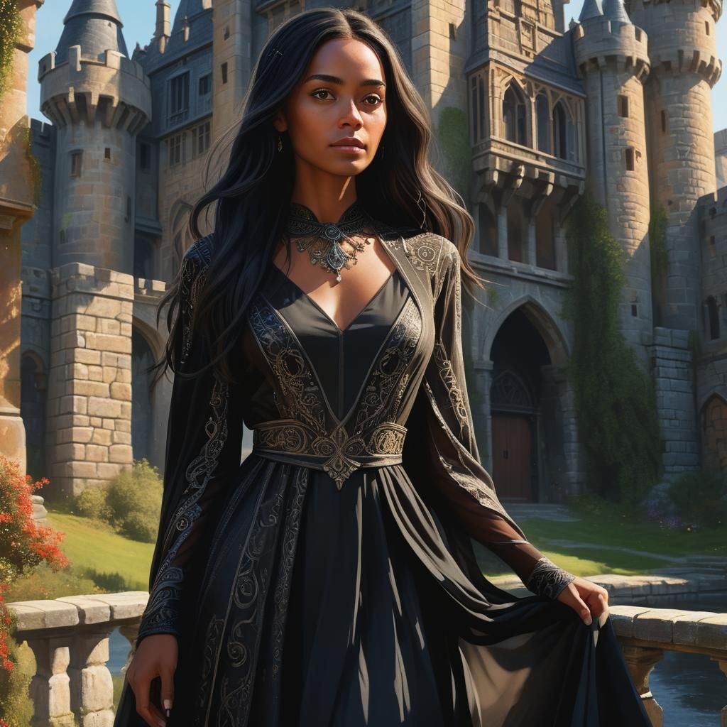 Hyperrealistic Beauty Stands Amidst Vibrant Celestial Landsc...