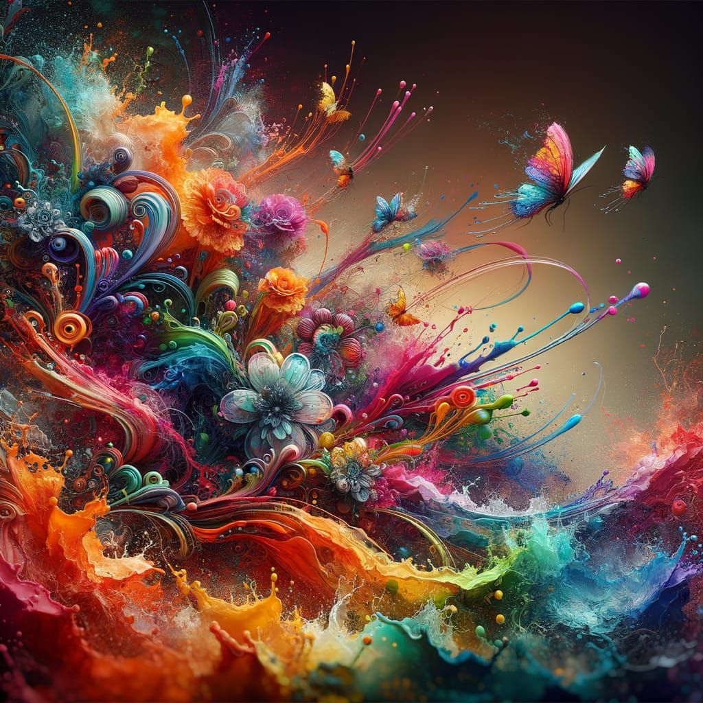 Rainbow Ink Splashes With Flowers Butterflies Matte Painting