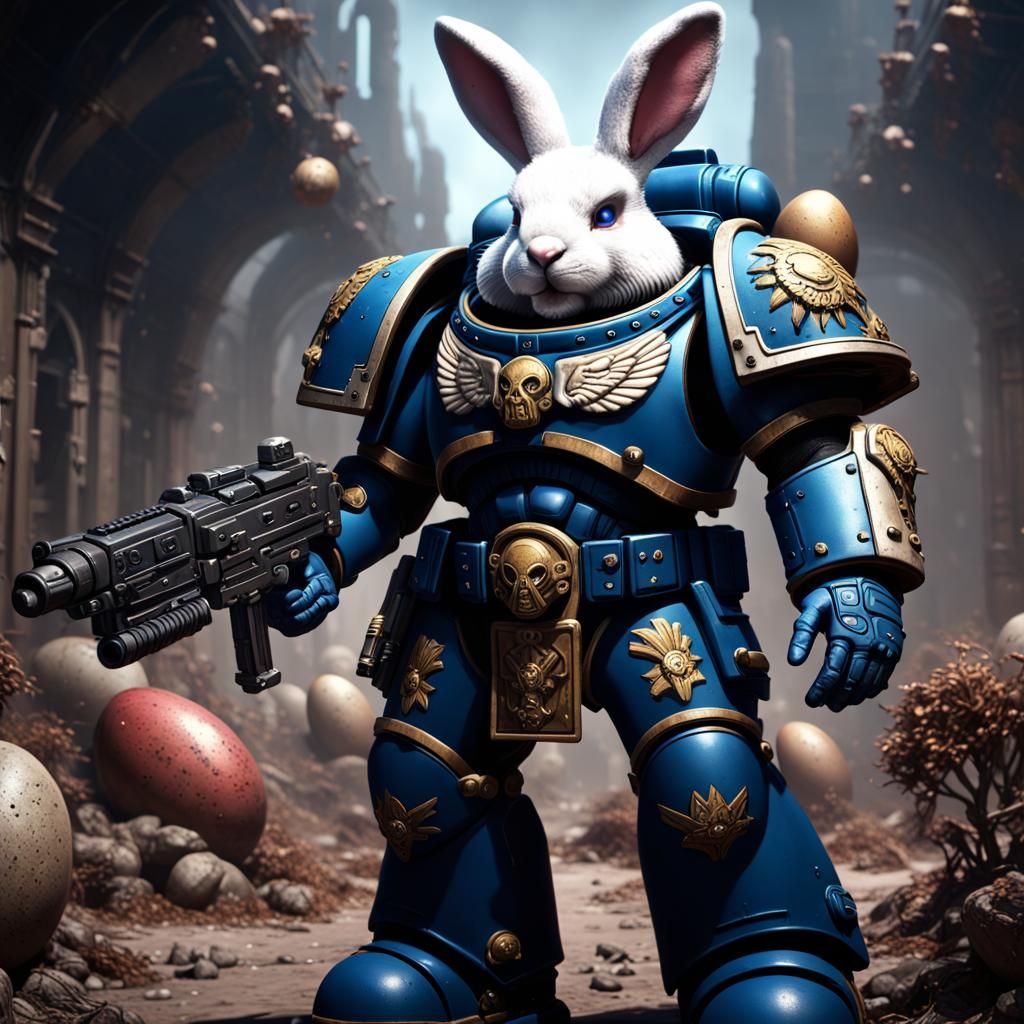 Easter Bunny Space Marine in Dramatic Futuristic Landscape