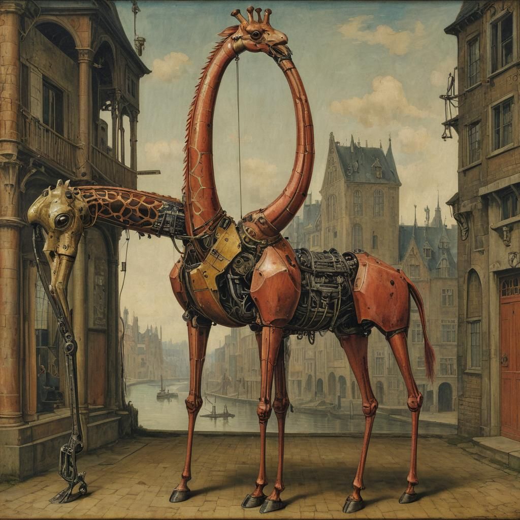 Cyborg Flamingo with Long Giraffe Neck in Steampunk Style
