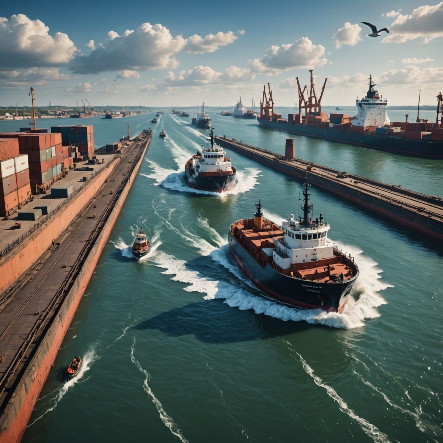 Tugboats Guide Cargo Ship into Port